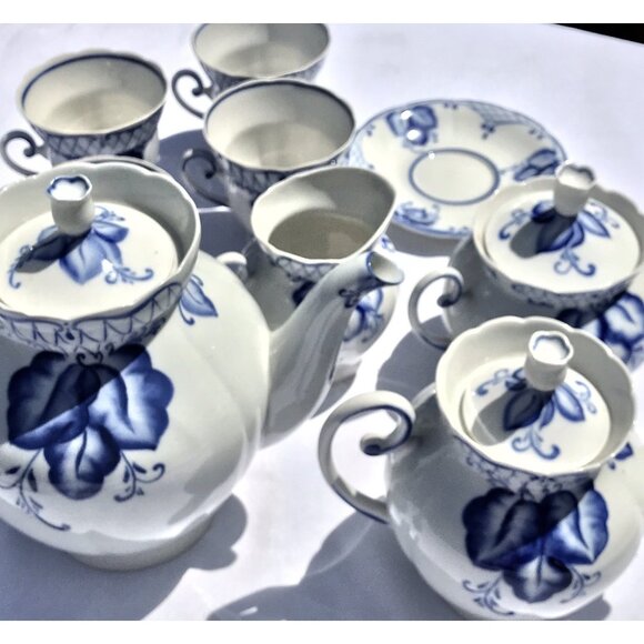 Rare Vtg Russian (USSR) Soviet Antq DULEVO Dapko Blue Floral Porcelain Tea Set - Picture 2 of 16